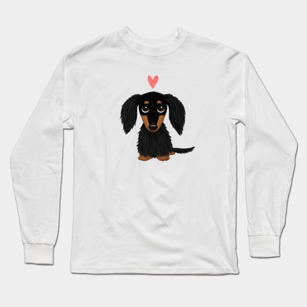 Black and Tan Longhaired Dachshund Cartoon Dog with Heart Long Sleeve T-Shirt by Coffee Squirrel